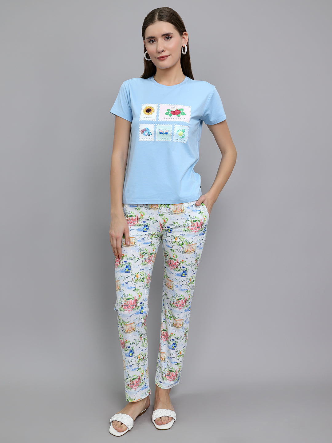 Women Sky Blue Printed Round Neck Half Sleeve Lower Set