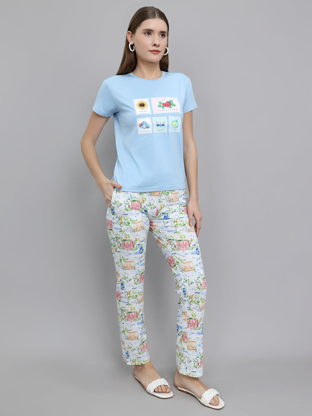 Women Sky Blue Printed Round Neck Half Sleeve Lower Set