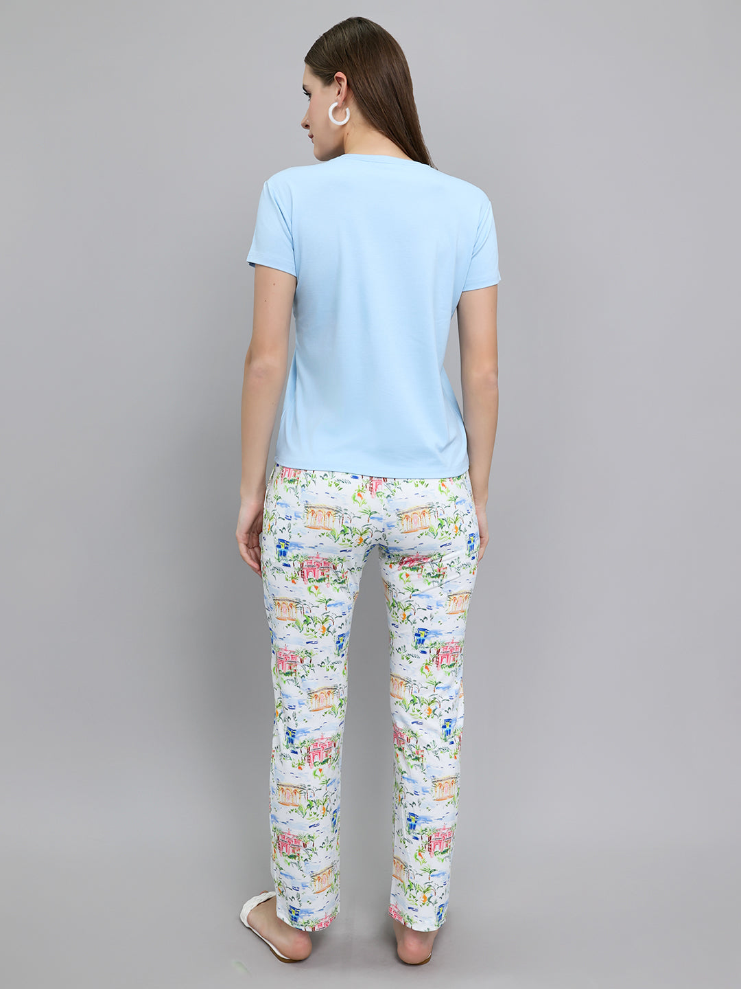 Women Sky Blue Printed Round Neck Half Sleeve Lower Set