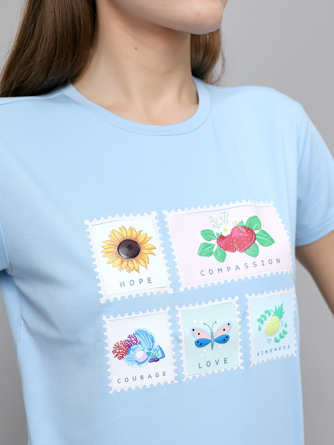 Women Sky Blue Printed Round Neck Half Sleeve Lower Set