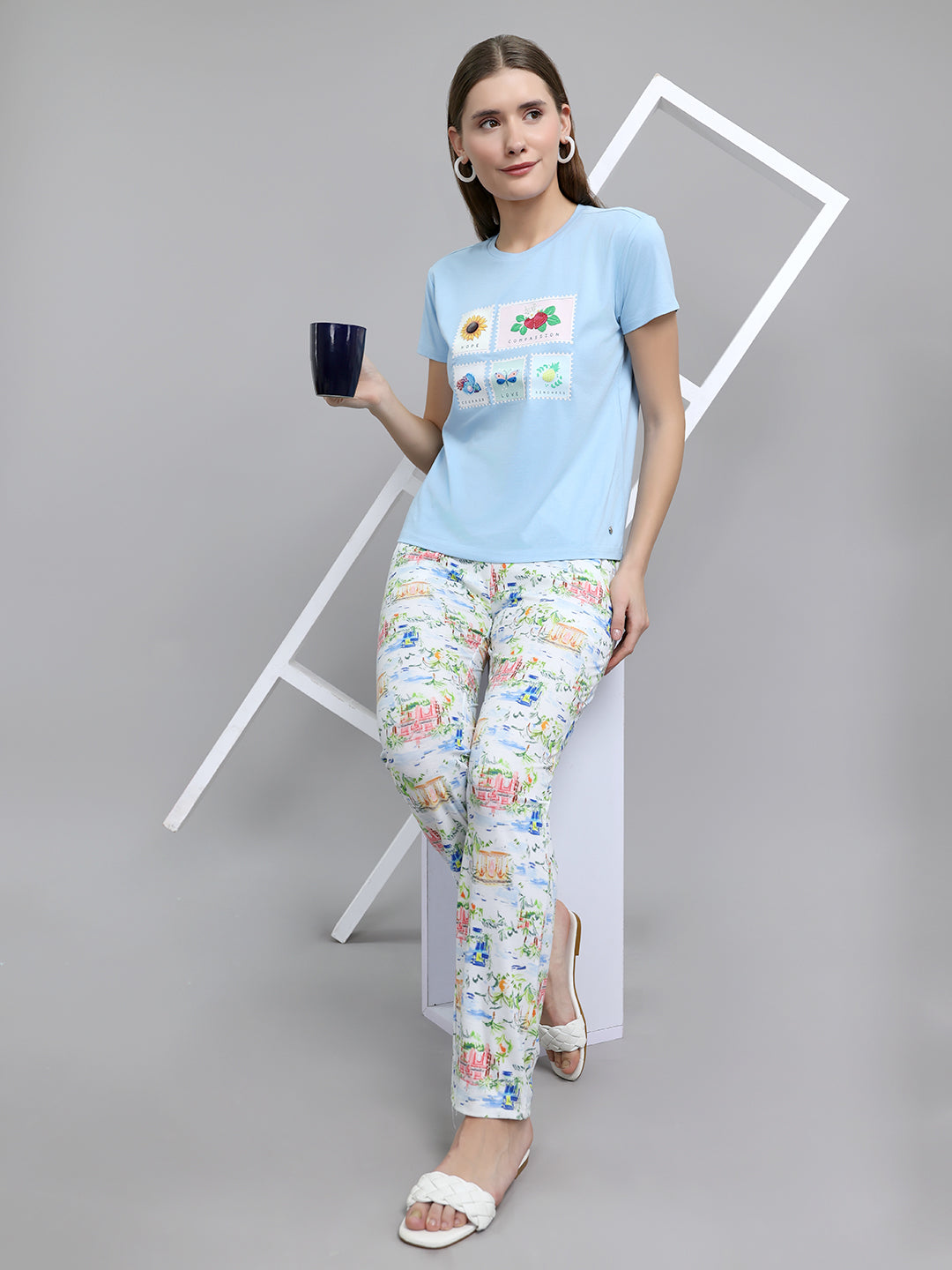 Women Sky Blue Printed Round Neck Half Sleeve Lower Set
