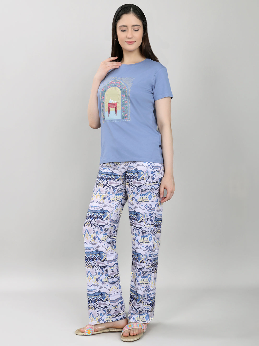 Women Blue Printed Round Neck Half Sleeve Lower Set