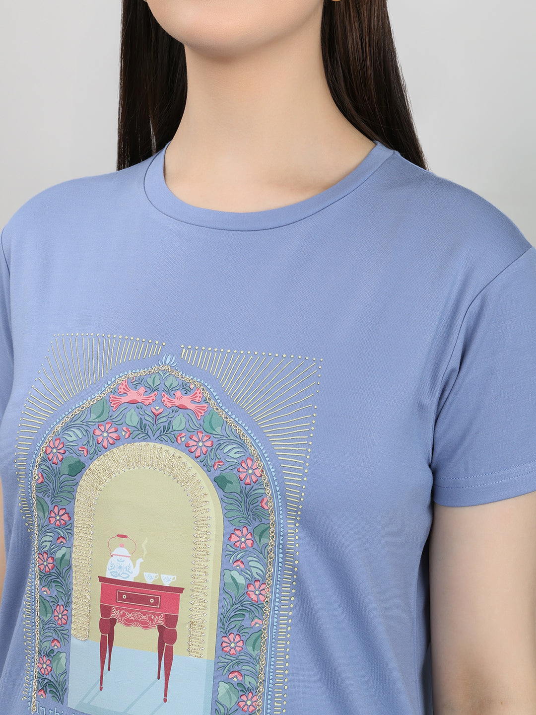 Women Blue Printed Round Neck Half Sleeve Lower Set