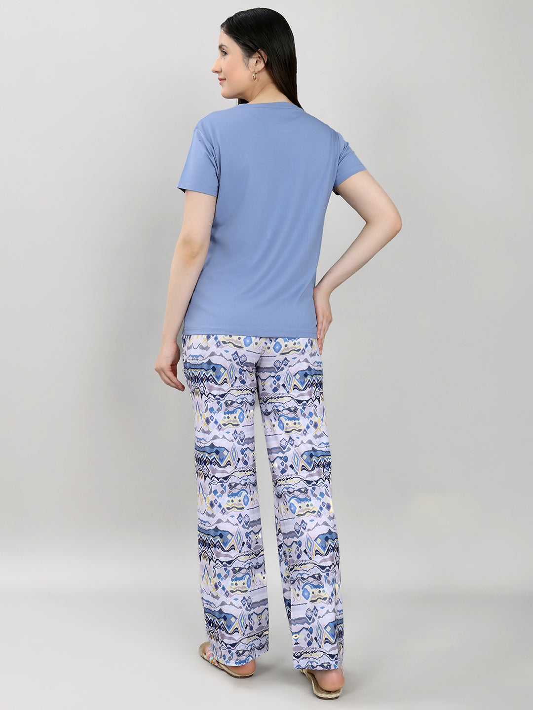 Women Blue Printed Round Neck Half Sleeve Lower Set