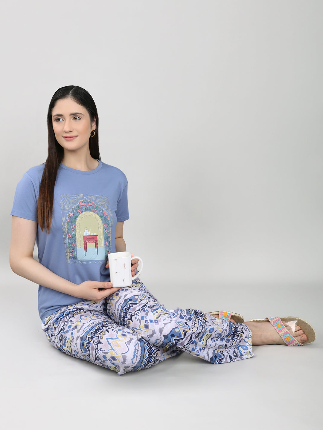 Women Blue Printed Round Neck Half Sleeve Lower Set