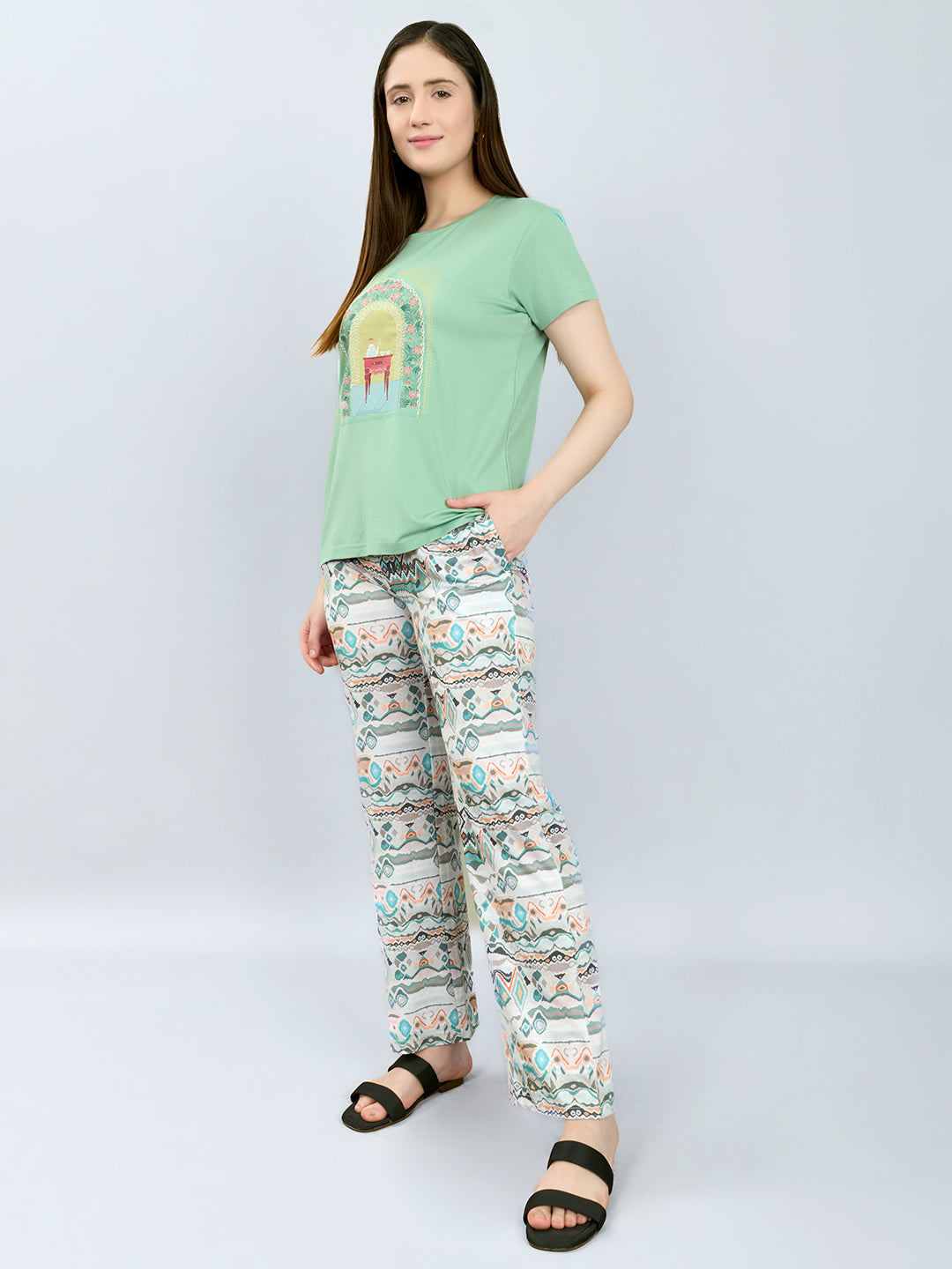 Women Green Printed Round Neck Half Sleeve Lower Set