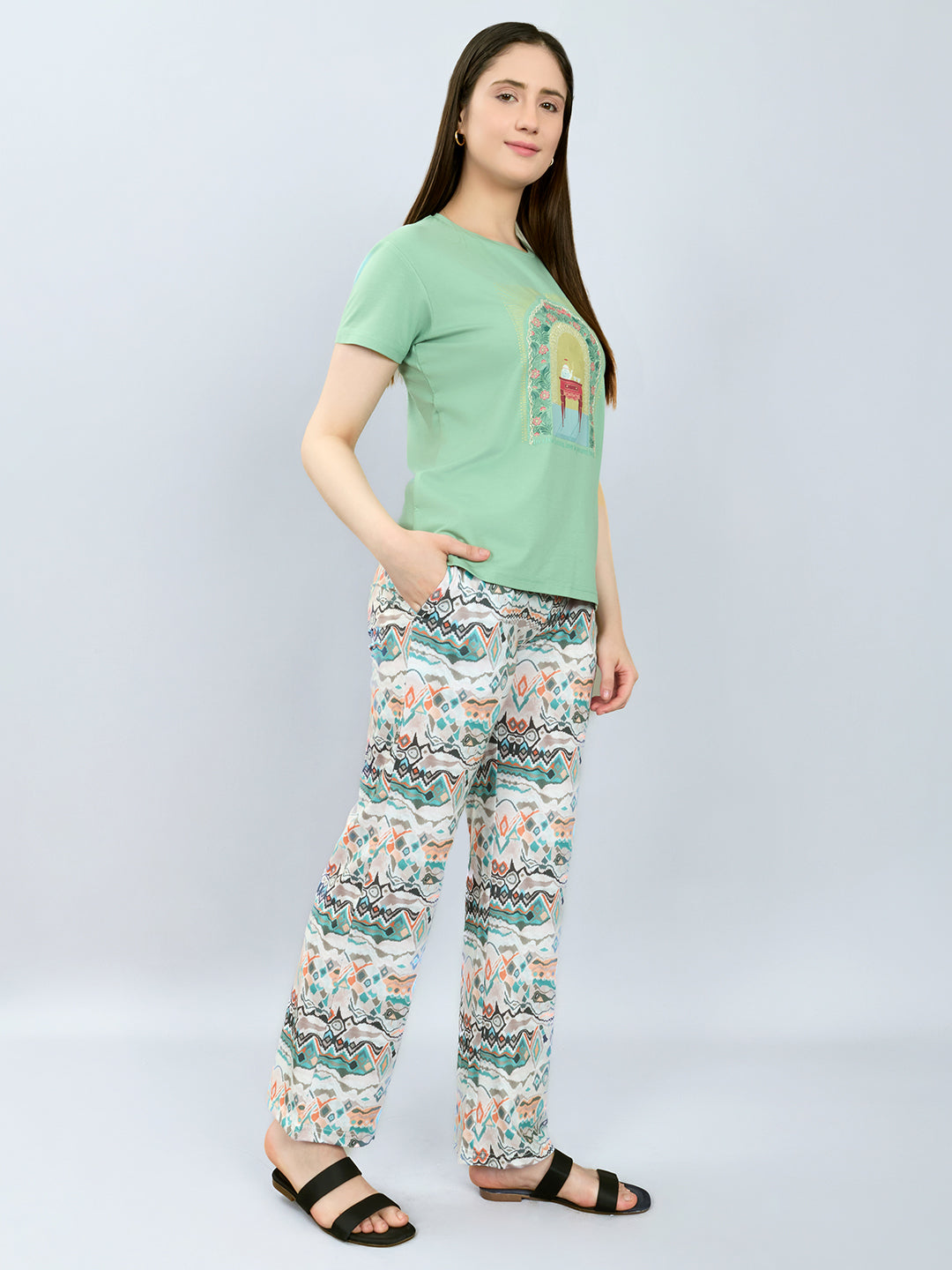 Women Green Printed Round Neck Half Sleeve Lower Set
