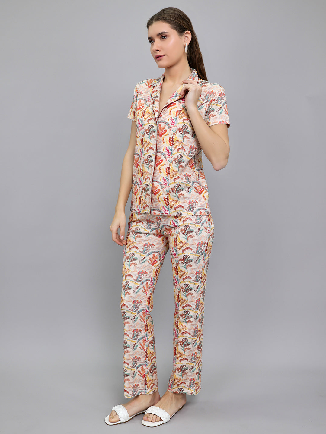 Women Beige Printed Collar Half Sleeve Lower Set