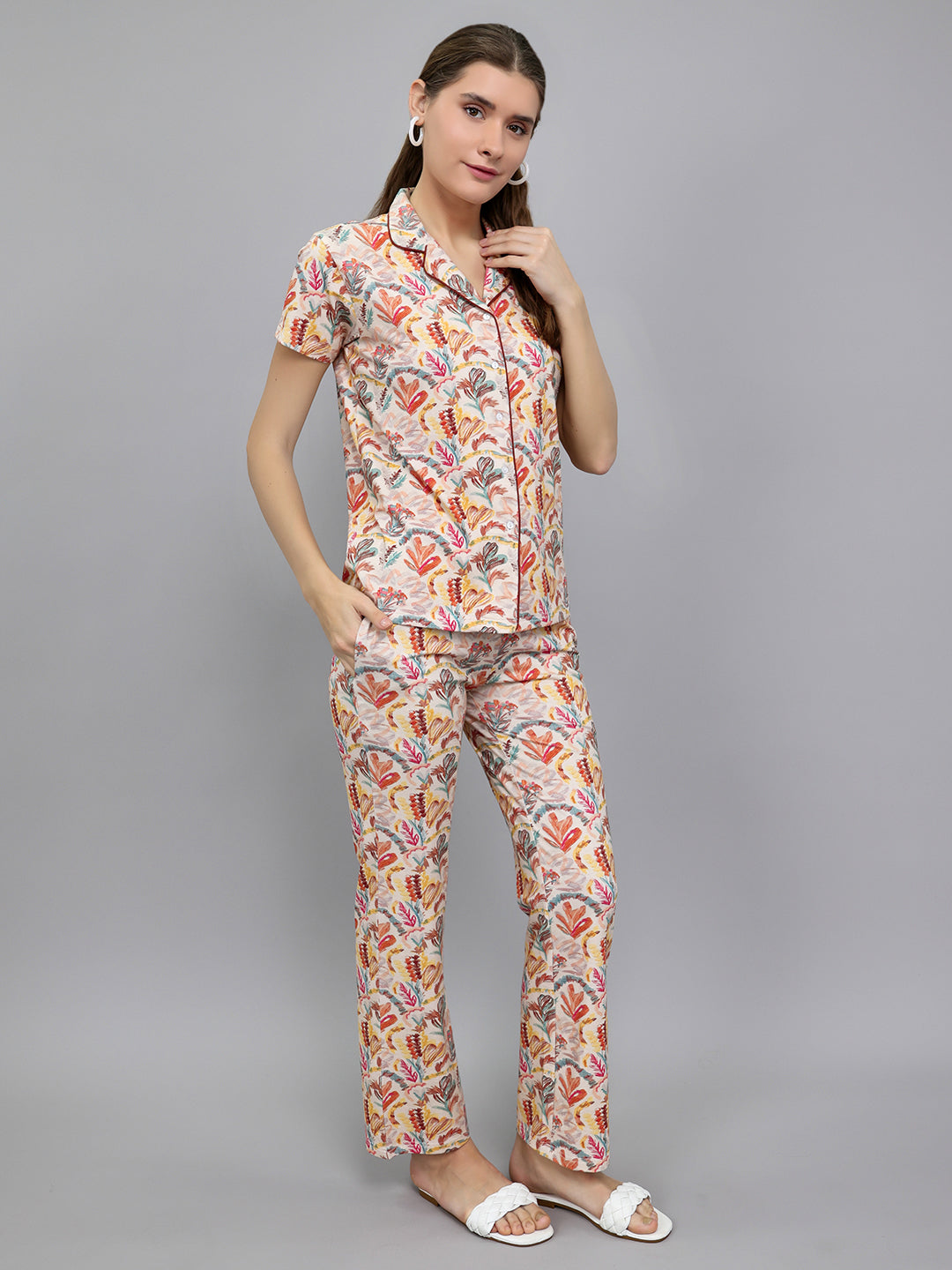Women Beige Printed Collar Half Sleeve Lower Set