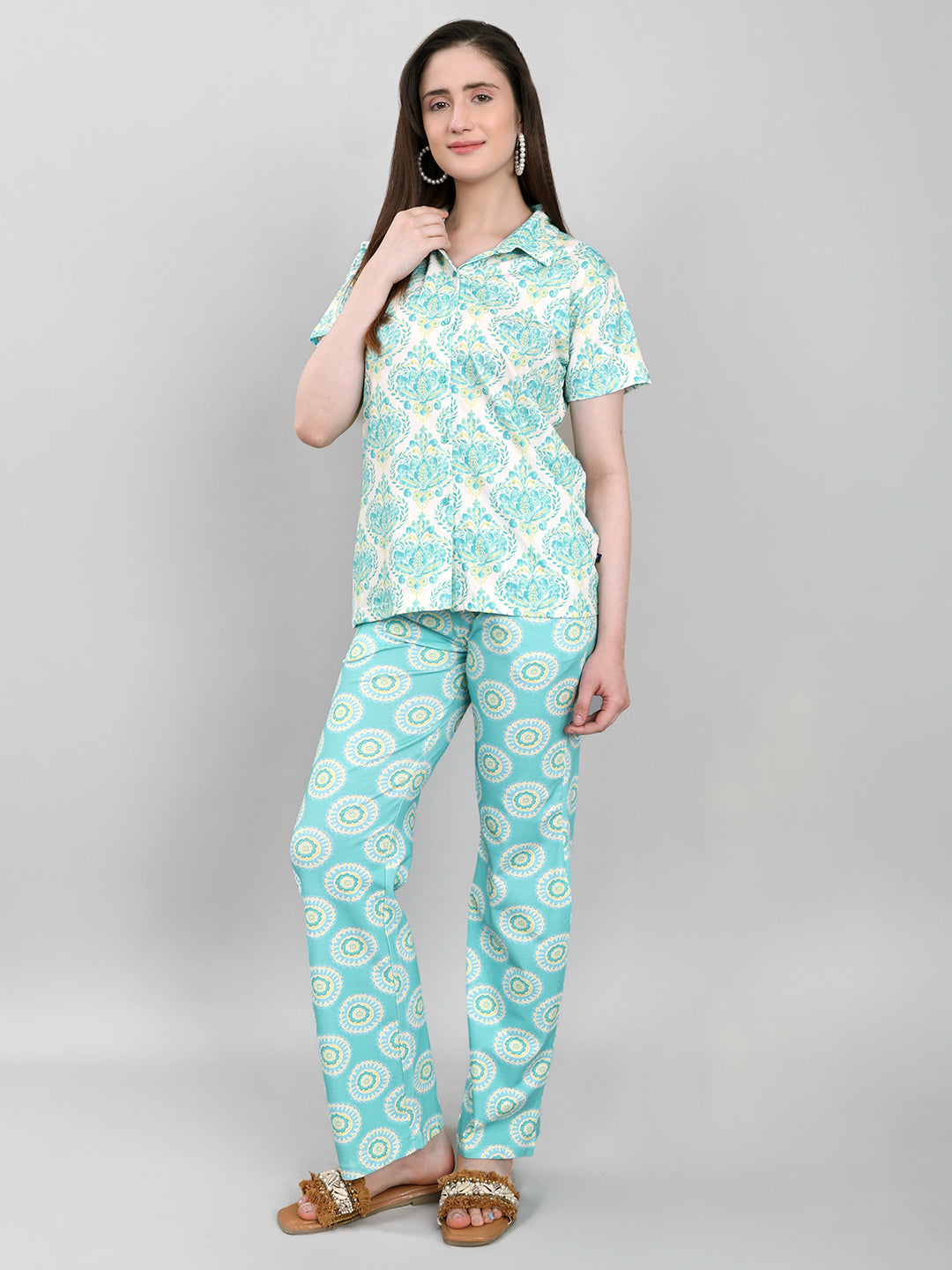 Women Sea Green Printed Collar Half Sleeve Lower Set