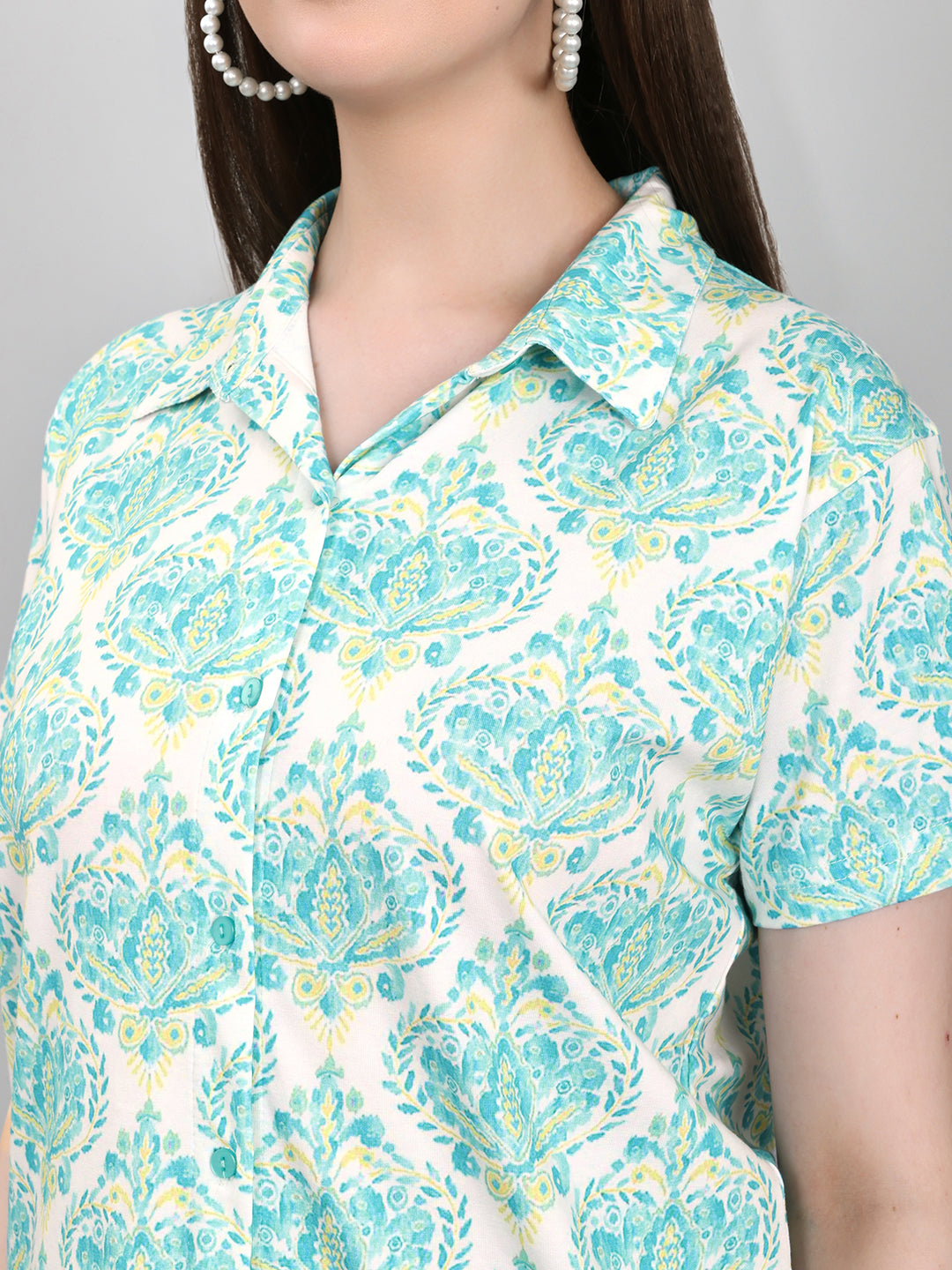 Women Sea Green Printed Collar Half Sleeve Lower Set