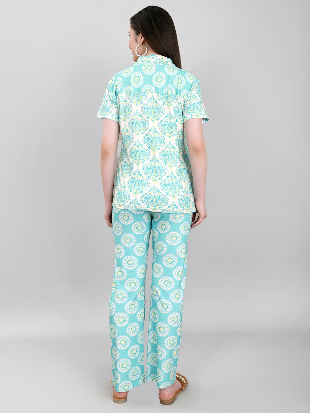 Women Sea Green Printed Collar Half Sleeve Lower Set