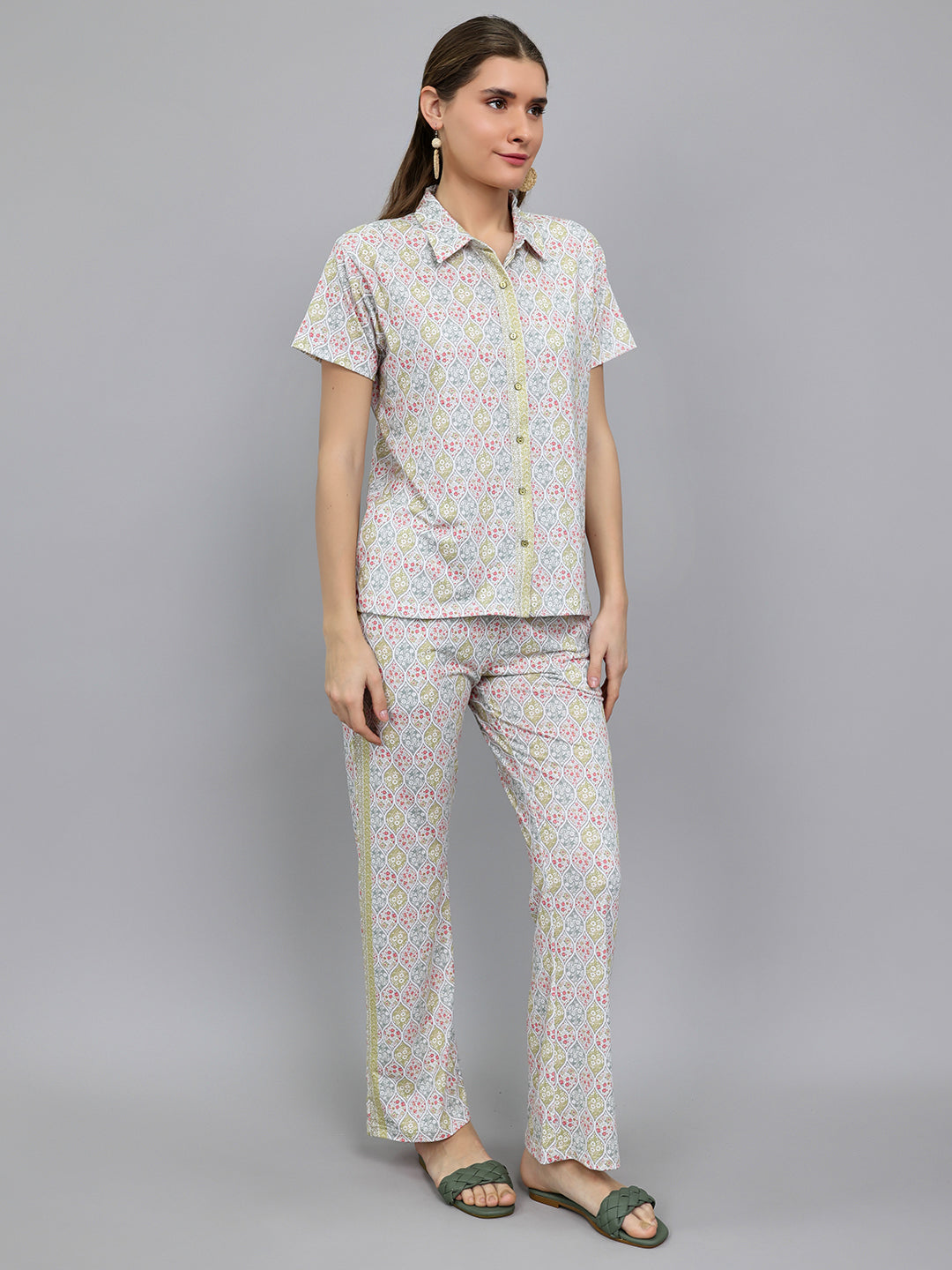 Women Green Printed Collar Half Sleeve Lower Set