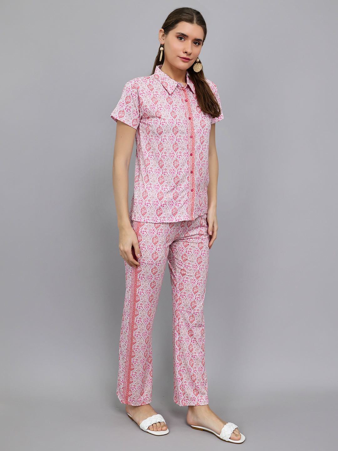 Women Pink Printed Collar Half Sleeve Lower Set