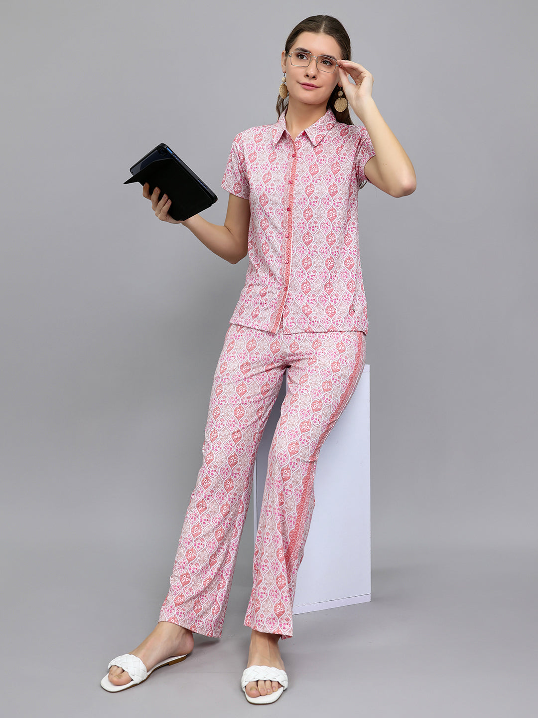 Women Pink Printed Collar Half Sleeve Lower Set