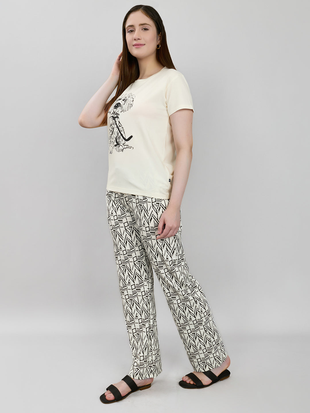 Women Off White Printed Round Neck Half Sleeve Combo 3 Pc Set (Top, Shorts & Lower)