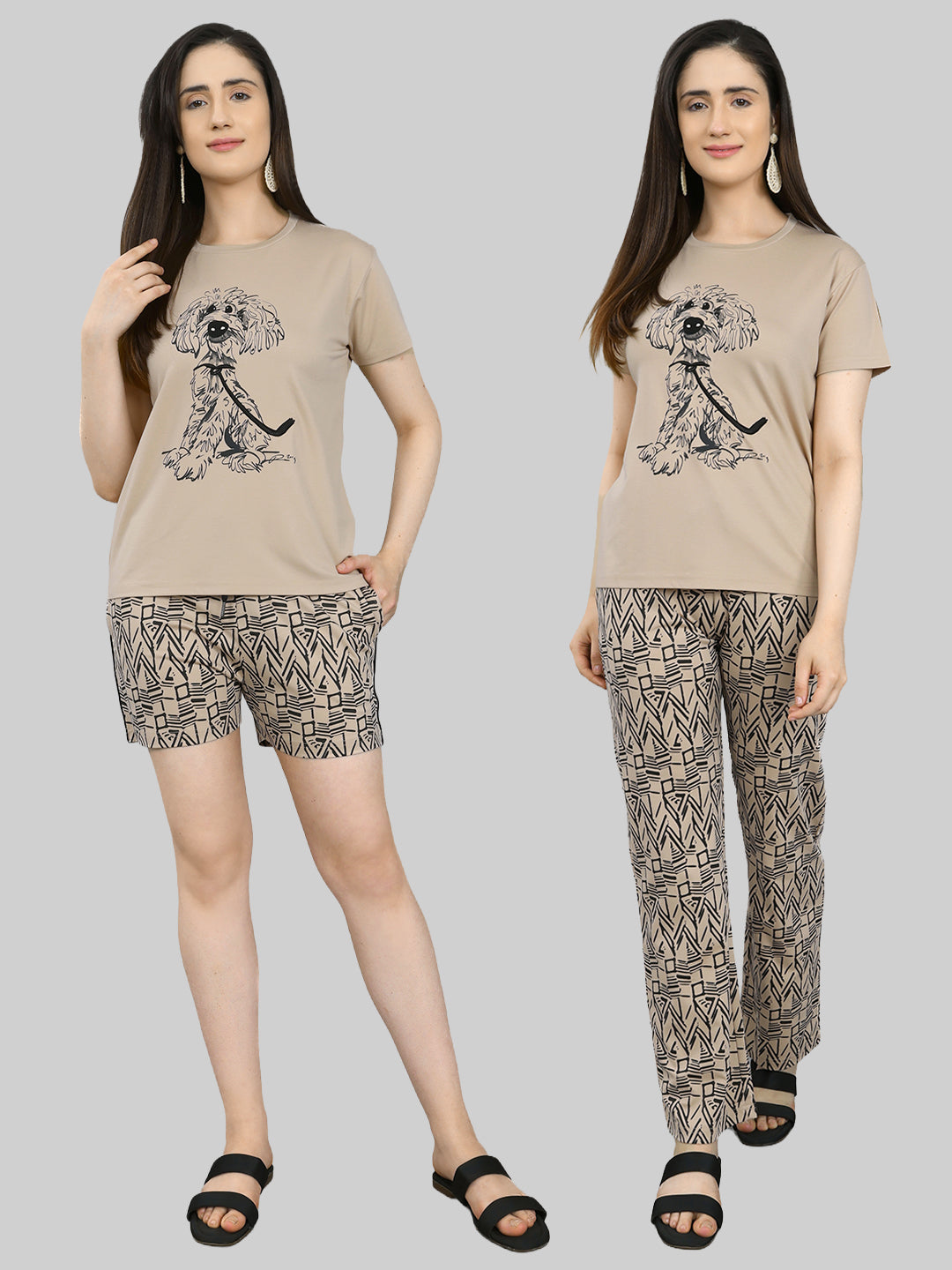 Women Beige Printed Round Neck Half Sleeve Combo 3 Pc Set (Top, Shorts & Lower)