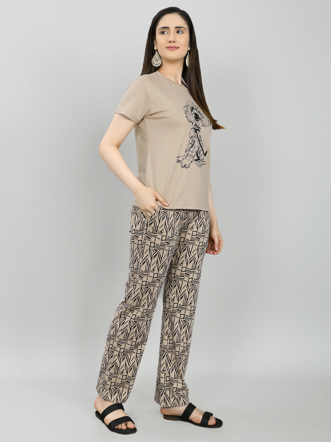 Women Beige Printed Round Neck Half Sleeve Combo 3 Pc Set (Top, Shorts & Lower)