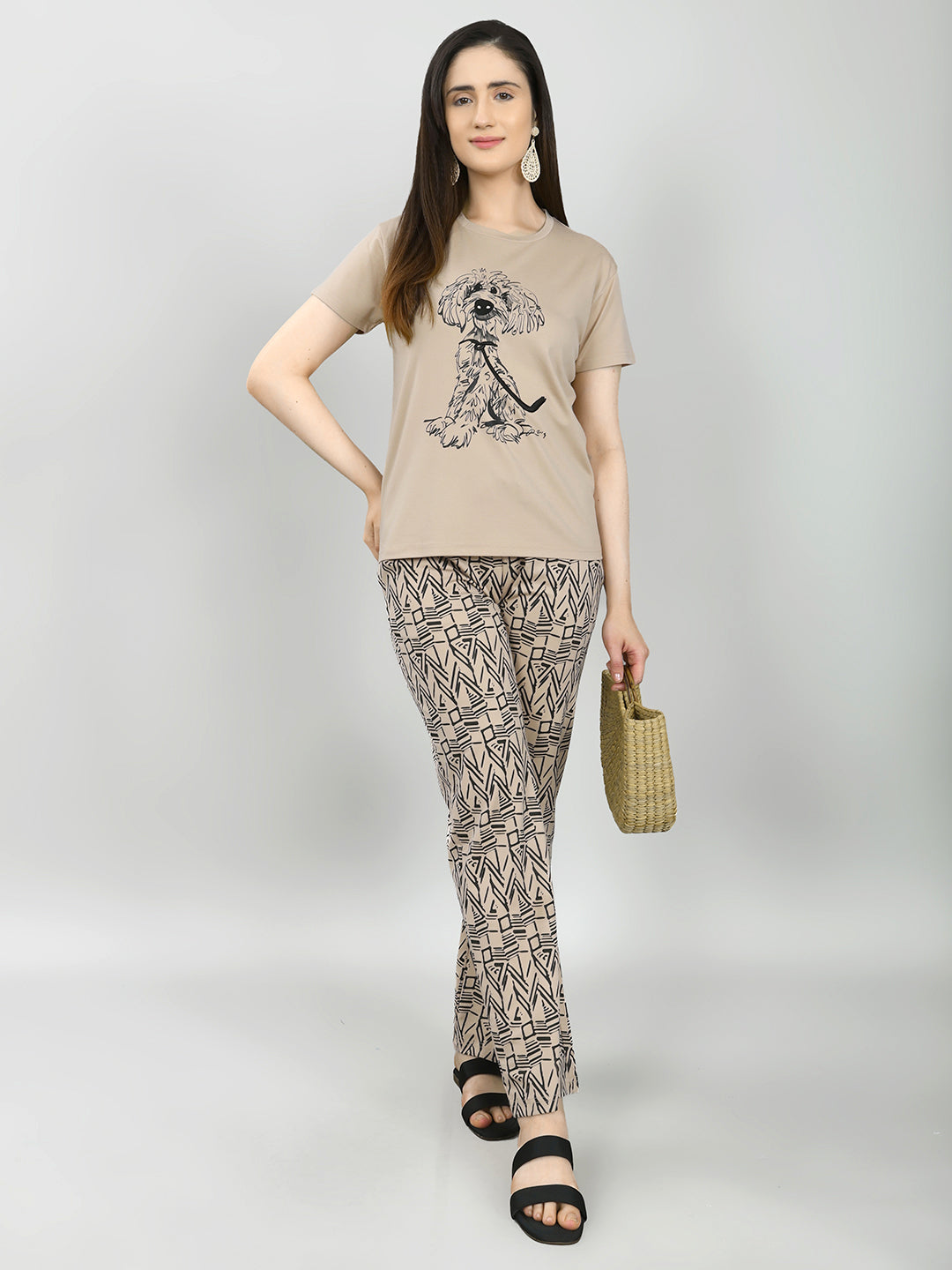 Women Beige Printed Round Neck Half Sleeve Combo 3 Pc Set (Top, Shorts & Lower)