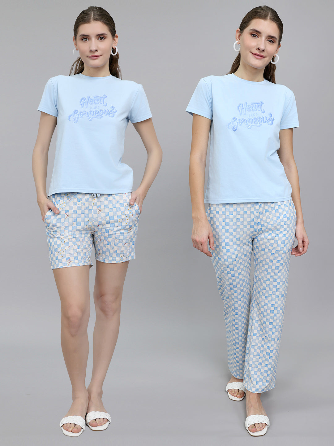 Women Sky Blue Printed Round Neck Half Sleeve Combo 3 Pc Set (T-Shirt, Shorts & Lower)