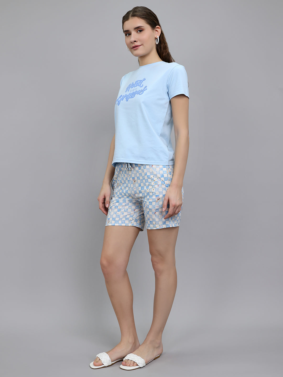 Women Sky Blue Printed Round Neck Half Sleeve Combo 3 Pc Set (T-Shirt, Shorts & Lower)