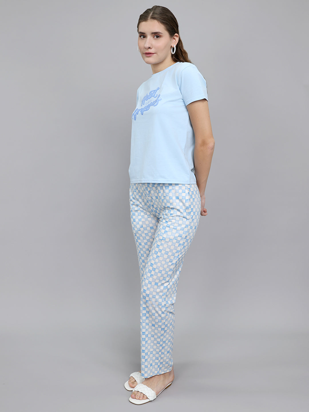Women Sky Blue Printed Round Neck Half Sleeve Combo 3 Pc Set (T-Shirt, Shorts & Lower)