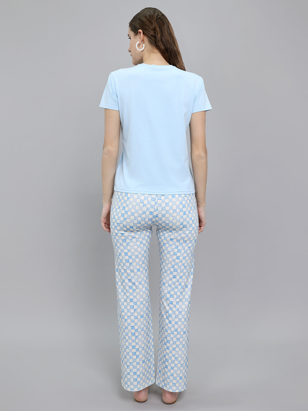 Women Sky Blue Printed Round Neck Half Sleeve Combo 3 Pc Set (T-Shirt, Shorts & Lower)