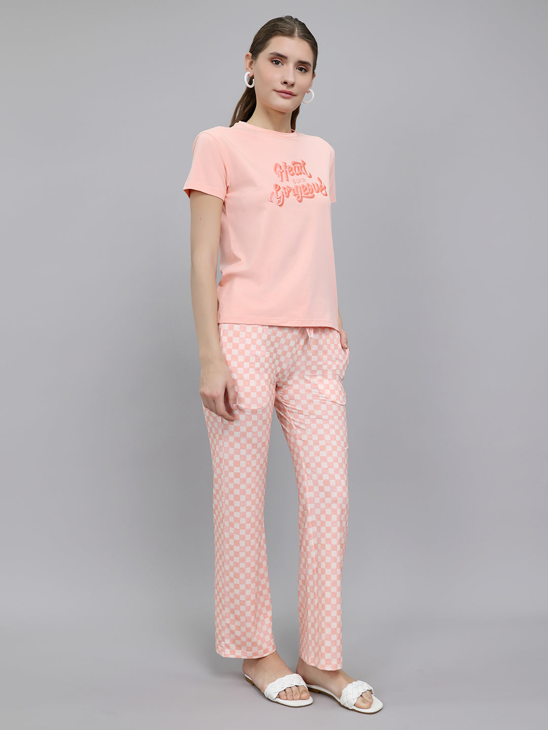 Women Peach Printed Round Neck Half Sleeve Combo 3Pc Set (Top, Shorts & Lower)