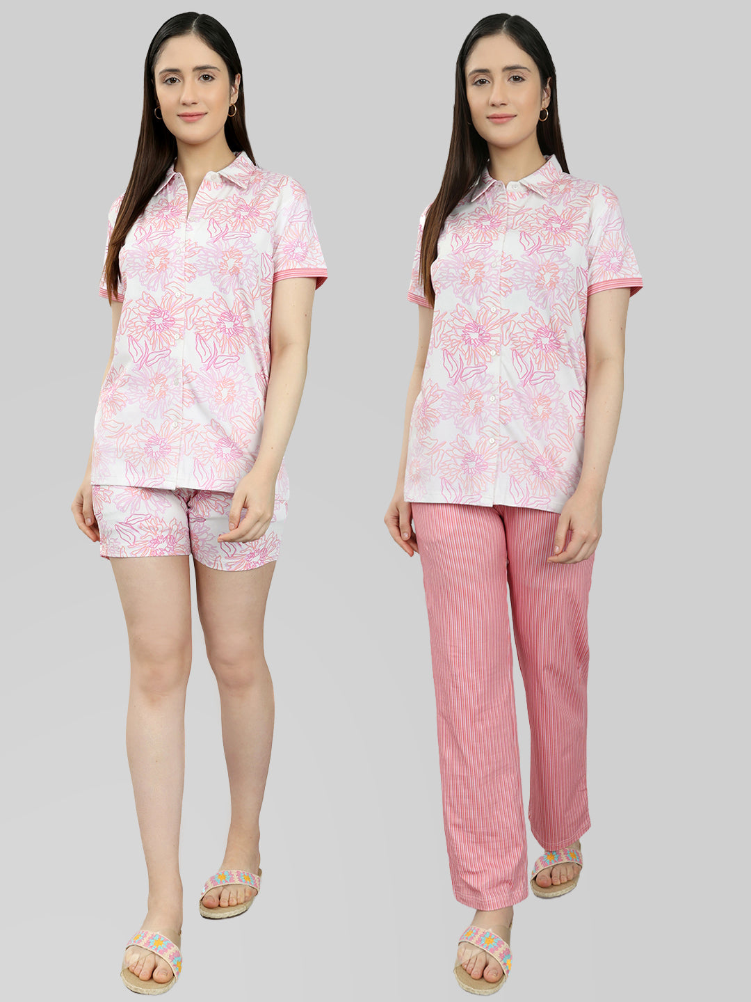 Women Pink Printed Collar Half Sleeve Combo 3 Pc Set (Top, Shorts & Lower)