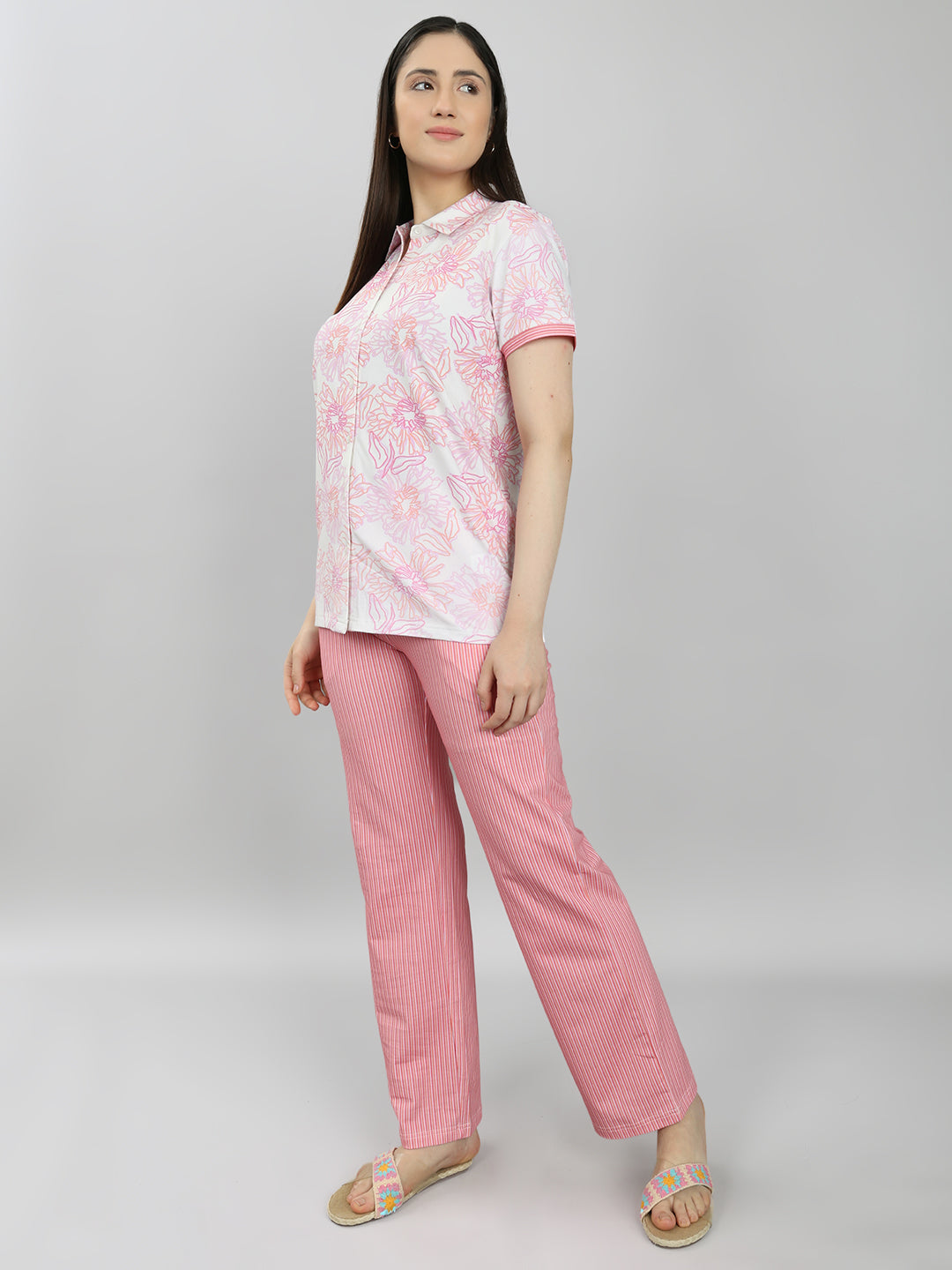 Women Pink Printed Collar Half Sleeve Combo 3 Pc Set (Top, Shorts & Lower)