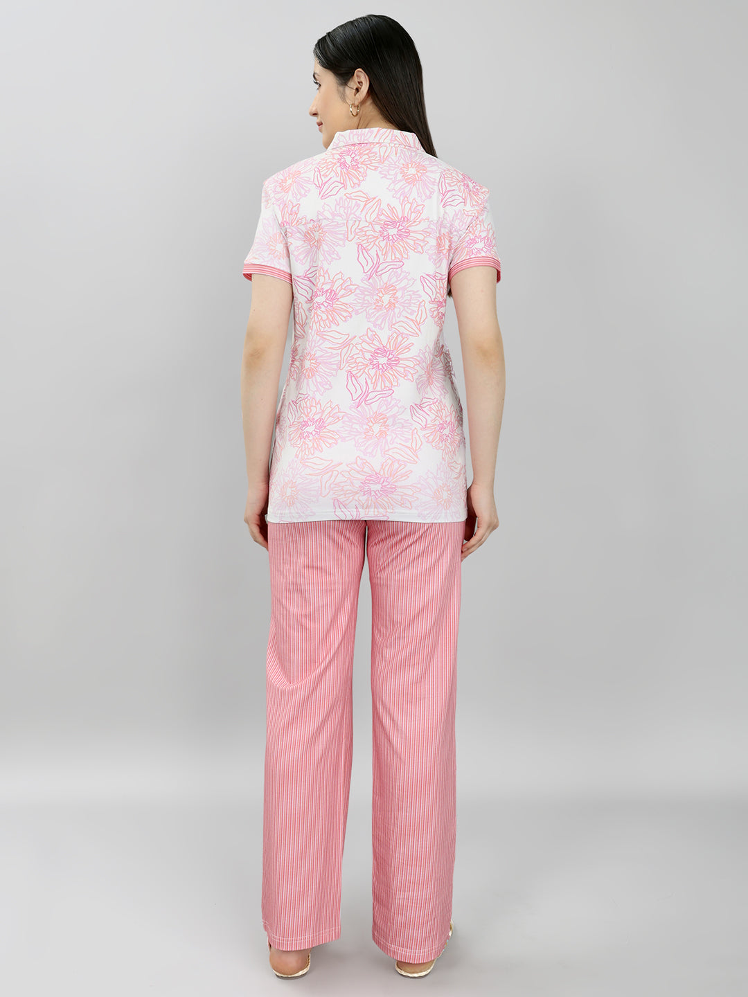 Women Pink Printed Collar Half Sleeve Combo 3 Pc Set (Top, Shorts & Lower)