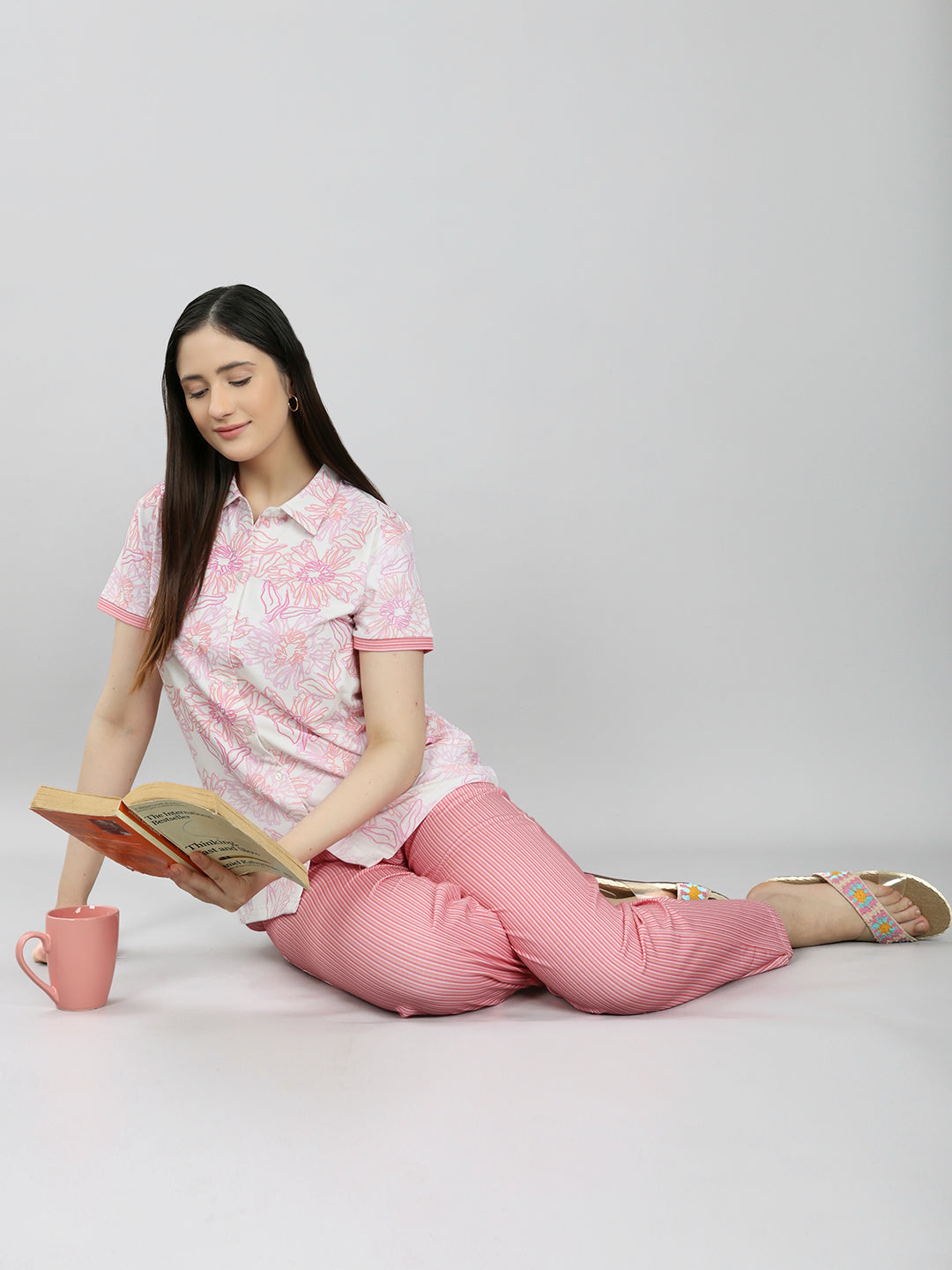 Women Pink Printed Collar Half Sleeve Combo 3 Pc Set (Top, Shorts & Lower)