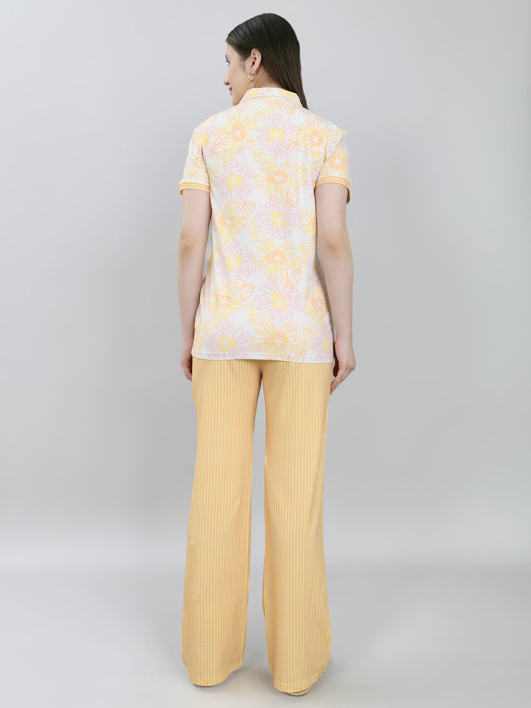 Women Yellow Printed Collar Half Sleeve Combo 3 Pc Set (Top, Shorts & Lower)