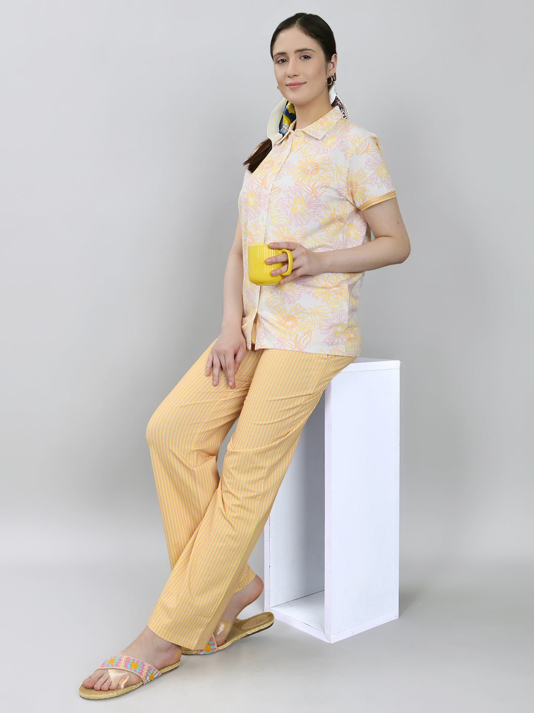 Women Yellow Printed Collar Half Sleeve Combo 3 Pc Set (Top, Shorts & Lower)