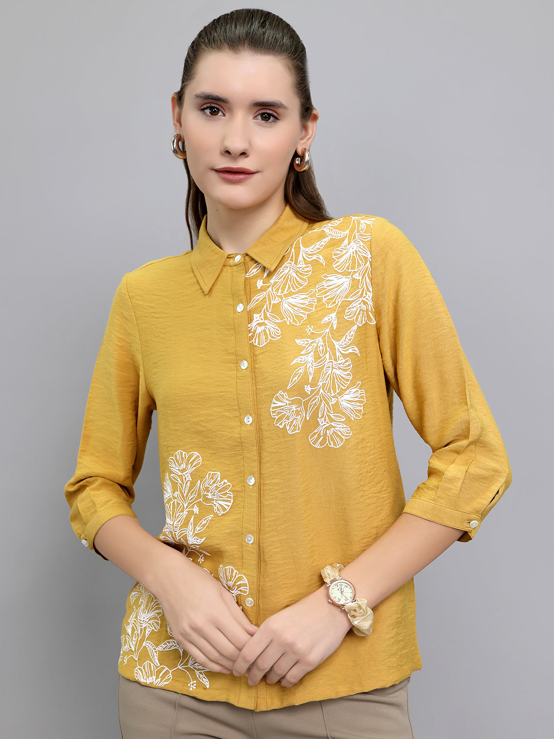 Women Mustard Embroidered Collar 3/4th Sleeve Top