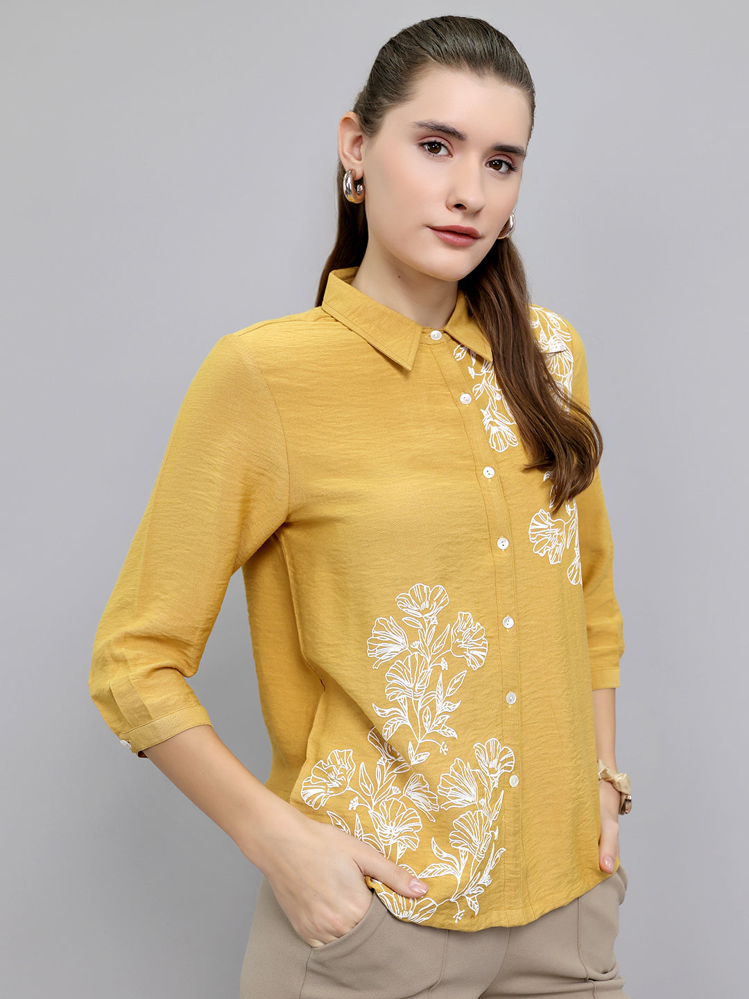 Women Mustard Embroidered Collar 3/4th Sleeve Top