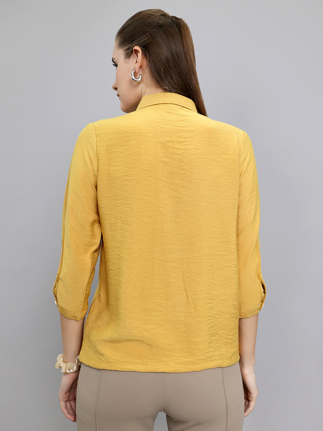 Women Mustard Embroidered Collar 3/4th Sleeve Top
