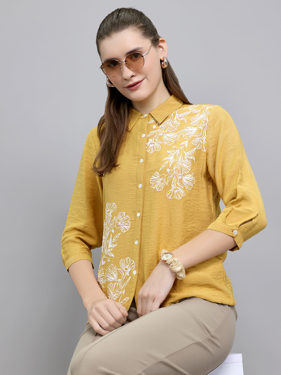 Women Mustard Embroidered Collar 3/4th Sleeve Top