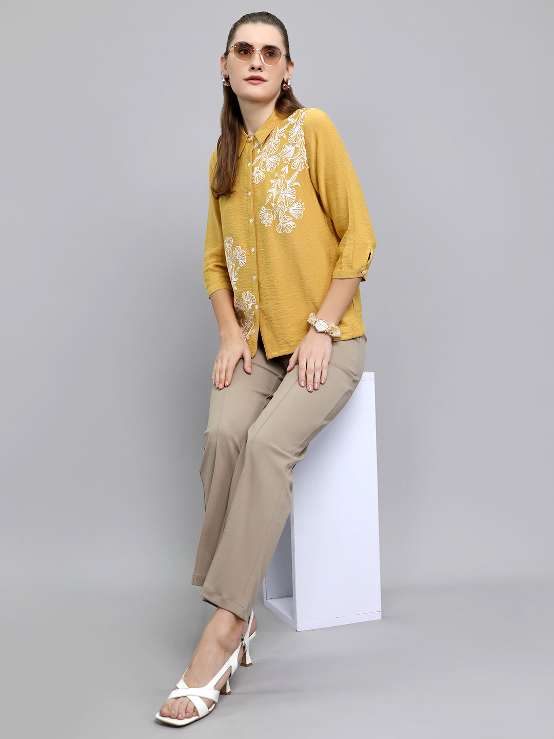 Women Mustard Embroidered Collar 3/4th Sleeve Top