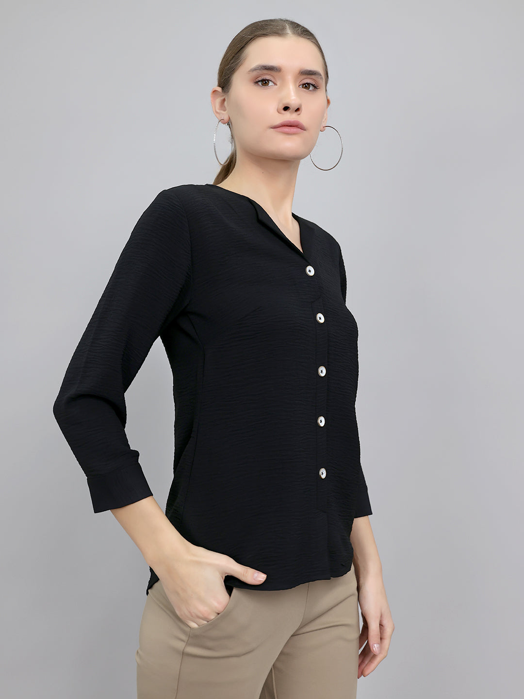 Women Black Solid Fashion Neck Top