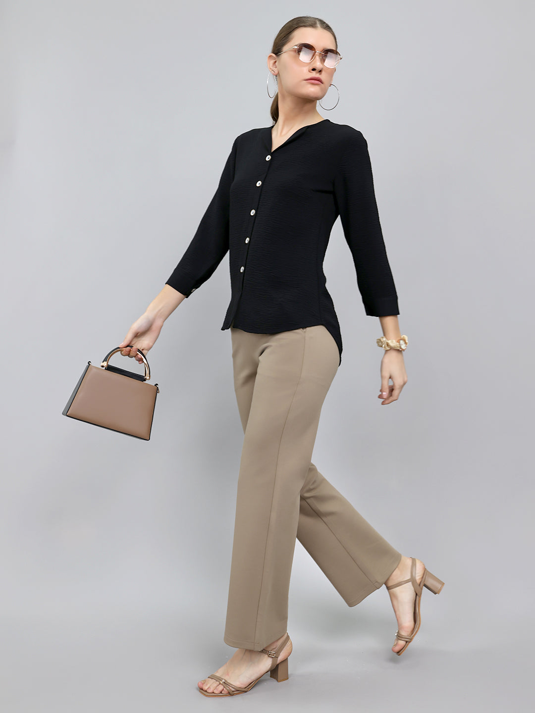 Women Black Solid Fashion Neck Top
