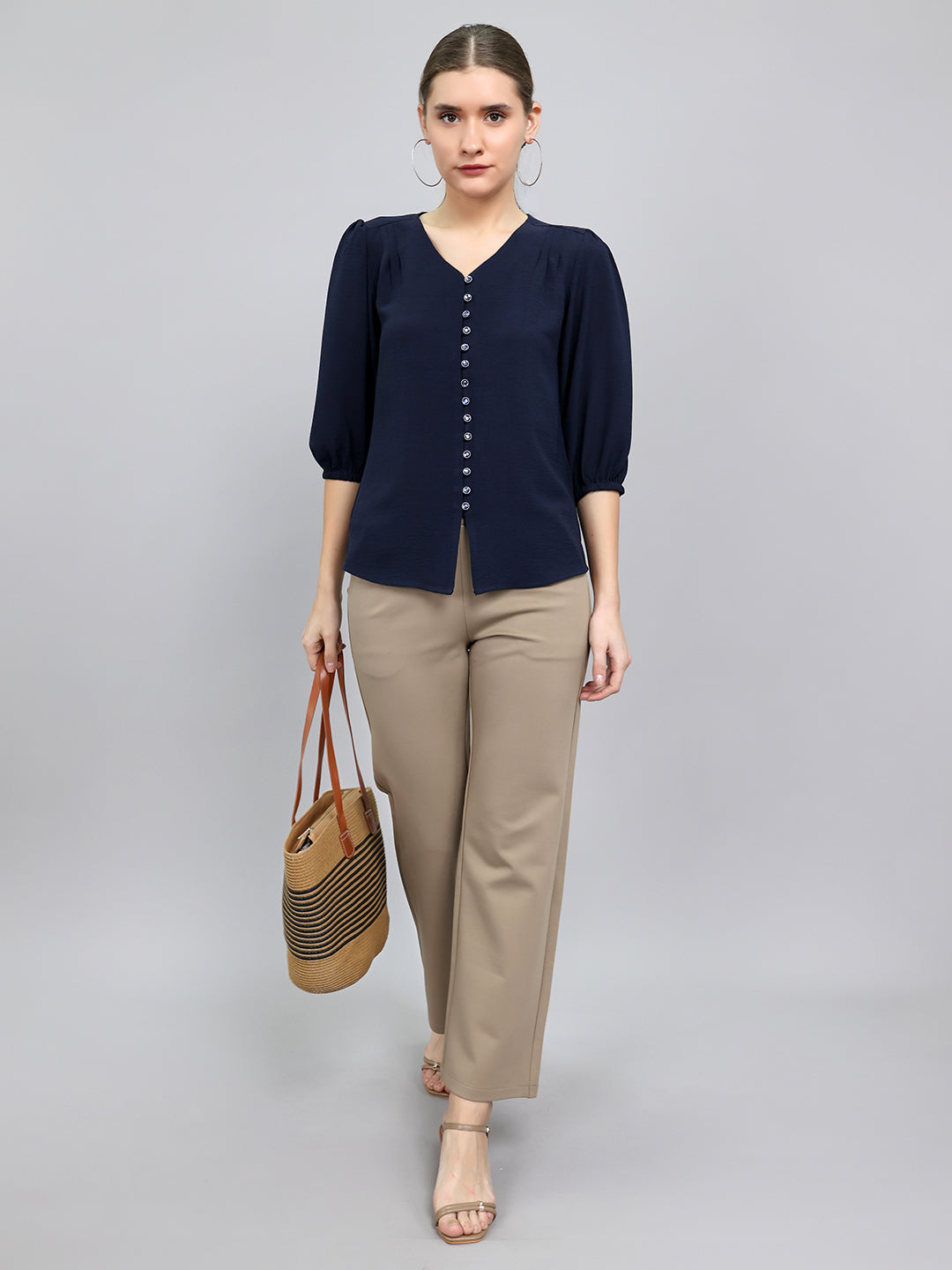 Women Navy Blue Solid Collar Neck Top