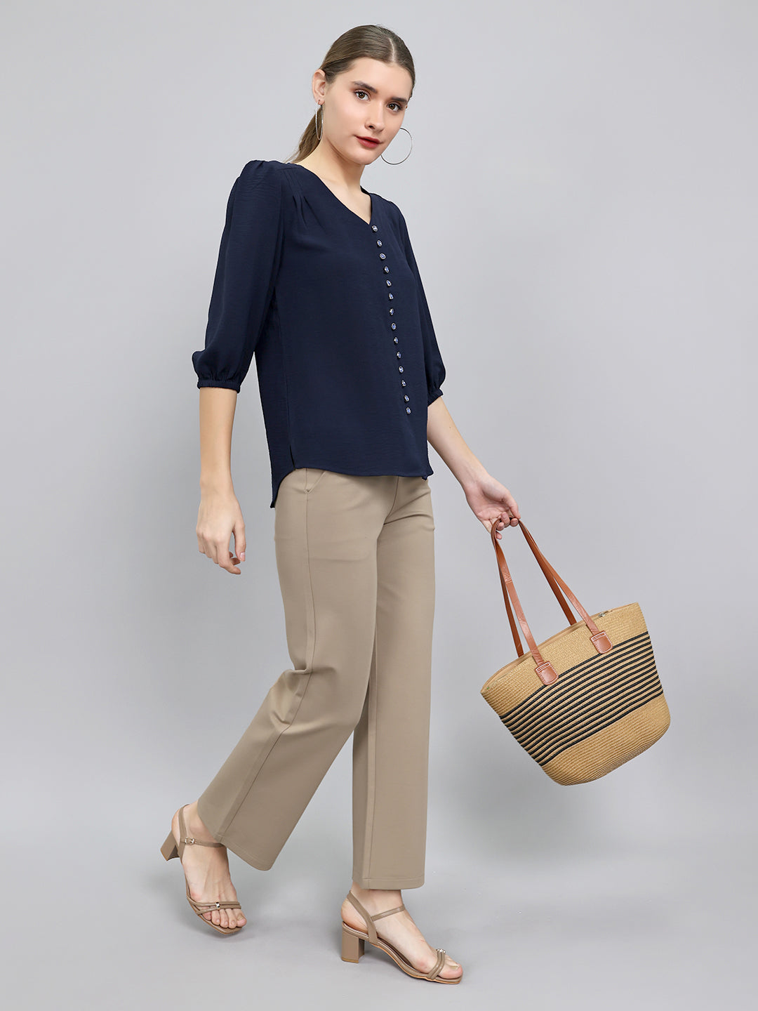 Women Navy Blue Solid Collar Neck Top