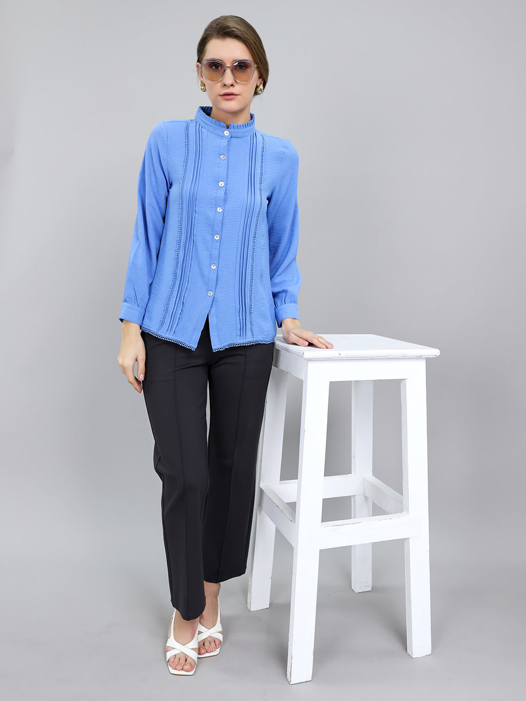Women Blue Self Design Front Open Full Sleeve Top