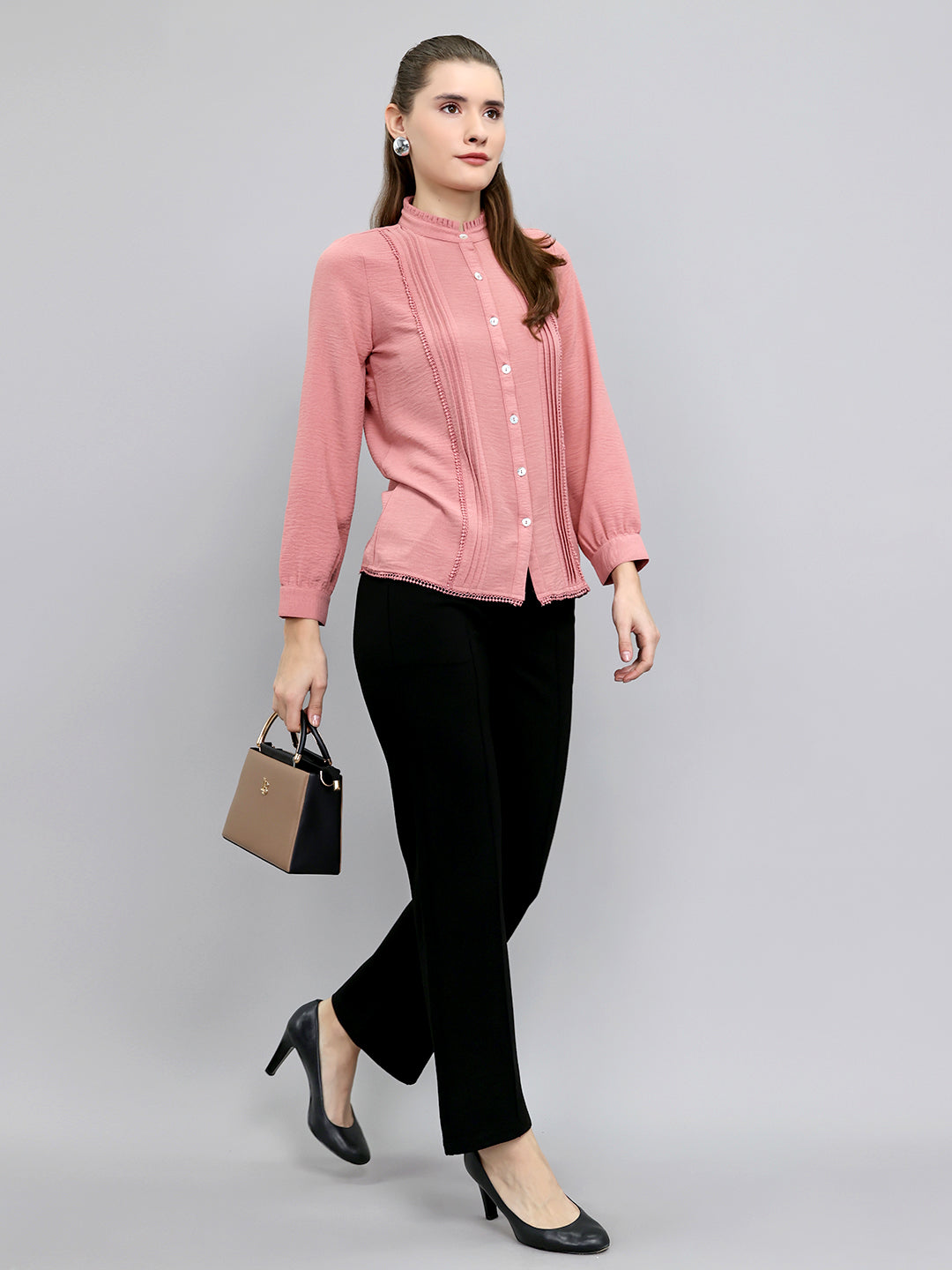 Women Peach Self Design Front Open Full Sleeve Top