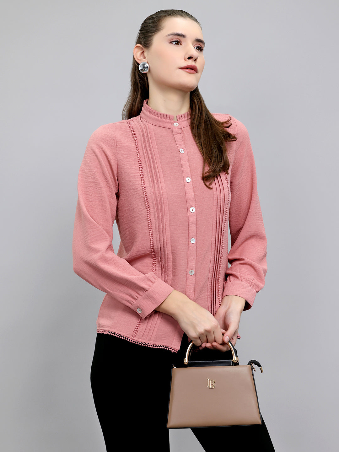 Women Peach Self Design Front Open Full Sleeve Top