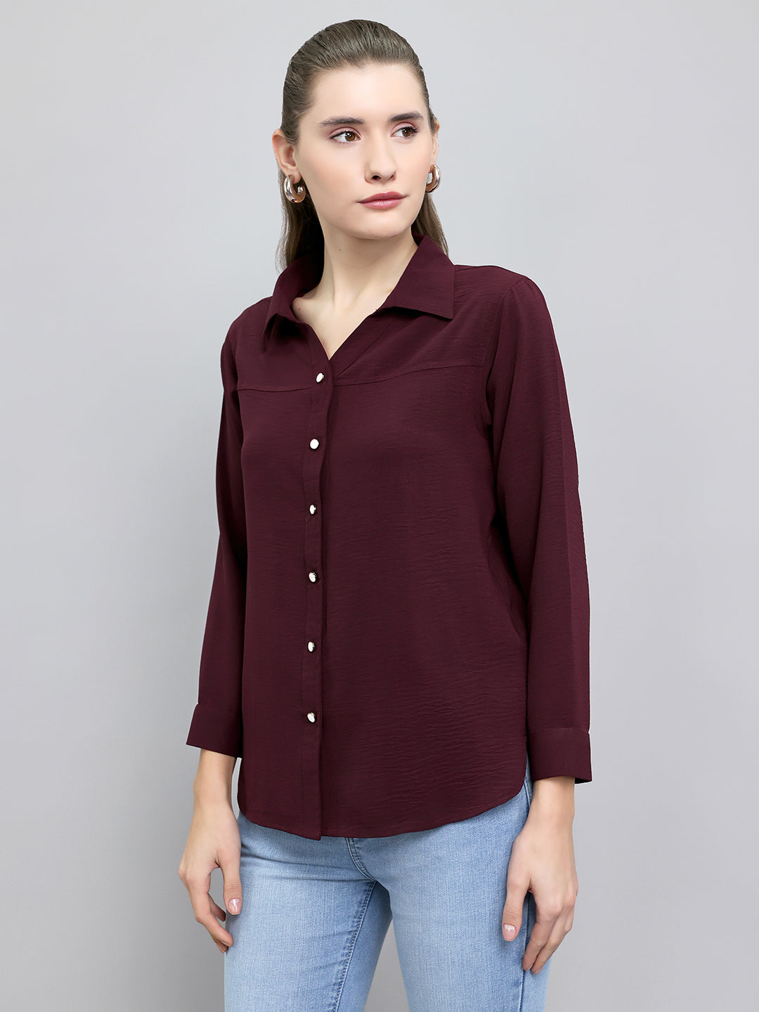 Women Burgundy Self Design Collar Full Sleeve Top