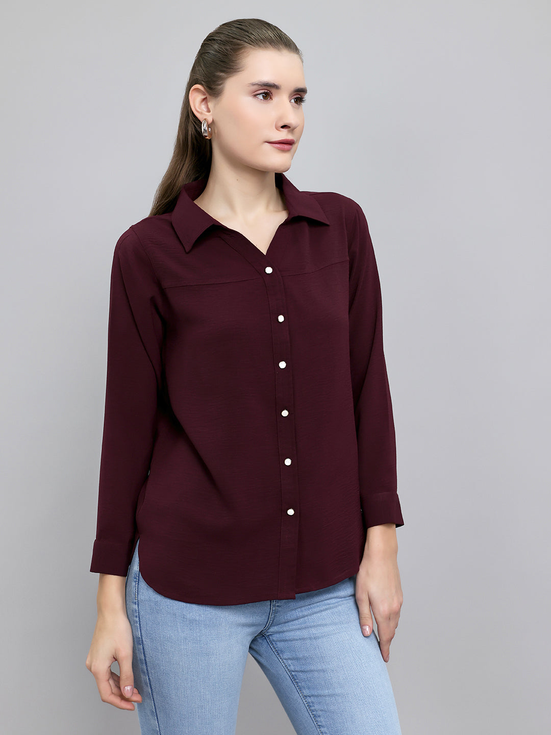 Women Burgundy Self Design Collar Full Sleeve Top