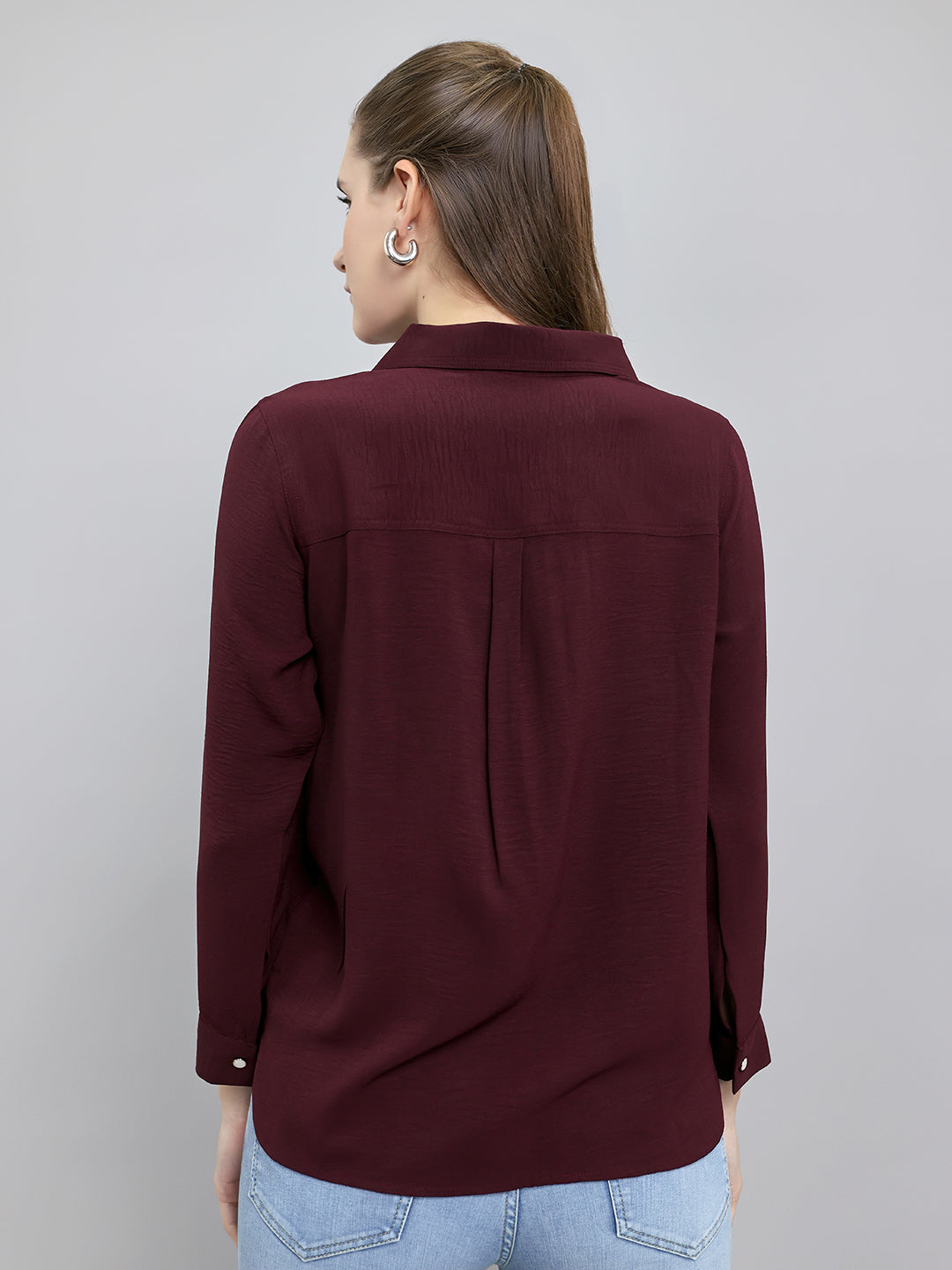 Women Burgundy Self Design Collar Full Sleeve Top
