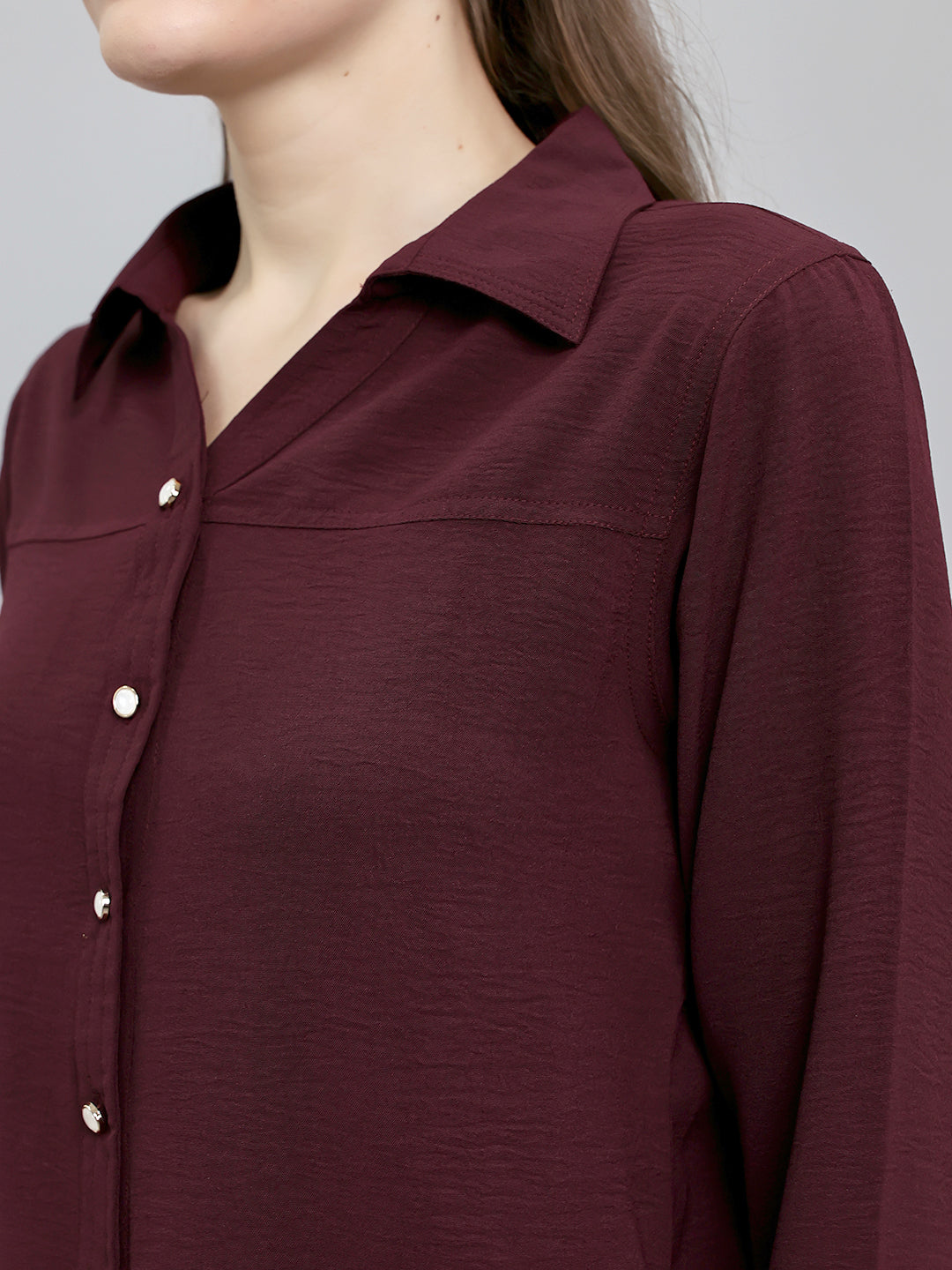 Women Burgundy Self Design Collar Full Sleeve Top